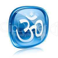 Om Symbol icon blue glass, isolated on white background.