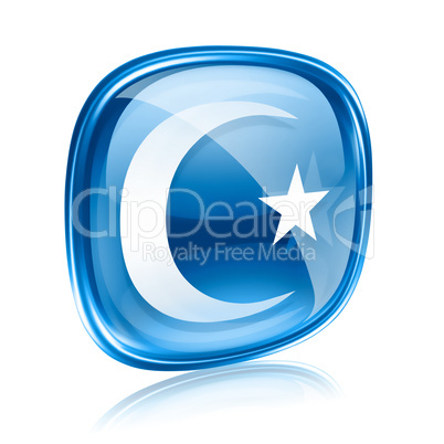 moon and star icon blue glass, isolated on white background.