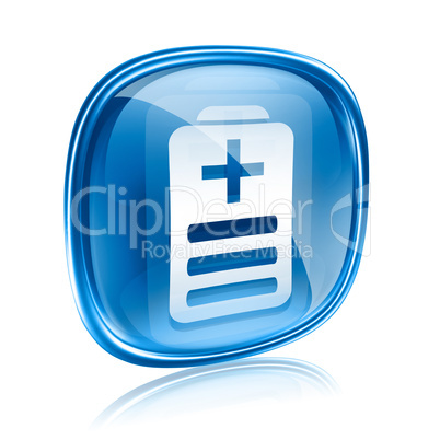 Battery icon blue glass, isolated on white background