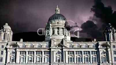 Timelapse Lightning strikes behind beautiful Edwardian Baroque style building