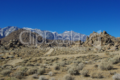 Bizarre Alabama Hills rock formations and Sierra Nevada, California