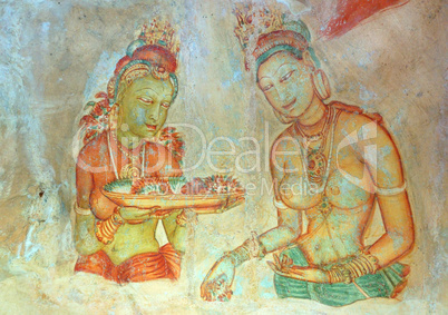Apsara celestial nymphs - ancient painting on the walls in the L
