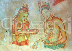 Apsara celestial nymphs - ancient painting on the walls in the L