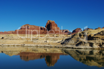 Colorado River, red, white and yellow rock mountains and formations near Hite, Utah