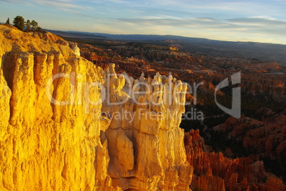 Rock towers and wide view at sunset, Bryce Canyon, Utah