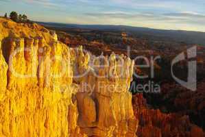 Rock towers and wide view at sunset, Bryce Canyon, Utah