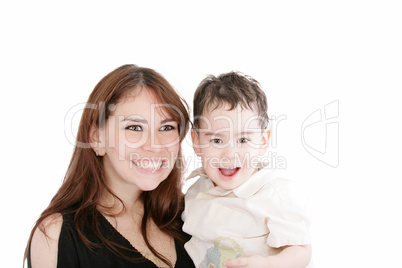 Bright picture of happy mother and little son over white