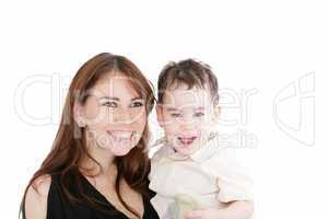 Bright picture of happy mother and little son over white