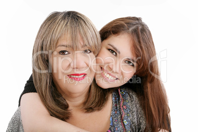 Photo of attractive woman and her young daughter looking at came