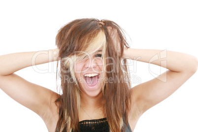 Stress. Woman stressed is going crazy pulling her hair in frustr
