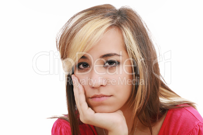 studio portrait of sad young attractive woman