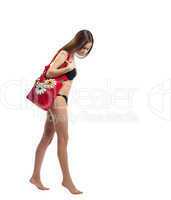 Woman walk with red beach bag isolated