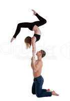 two young acrobats show stand on hand