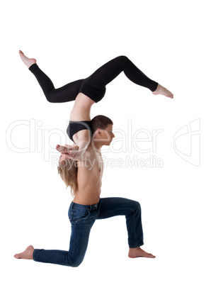 two young acrobats show stand on hand