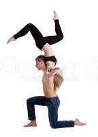 two young acrobats show stand on hand