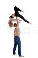 man take girl on hand - acrobatic performance