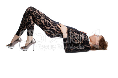 Young sexy woman lay in black lace lingerie