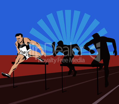 athlete jumping hurdle side followed retro