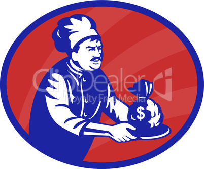 baker with plate of money retro