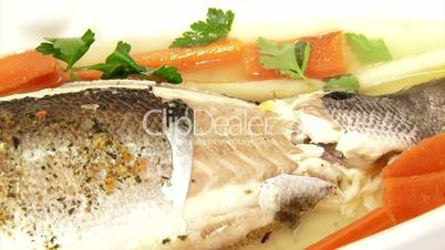 Fish, sea bass, served