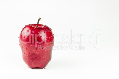 The red appetizing apple with water drops isolated