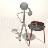 figure stands next to a grill