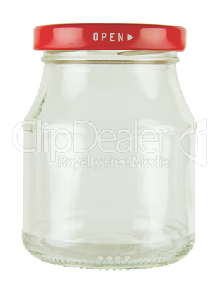 Glass container with red cover isolated on white