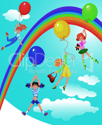 cute girls flying away on balloons on sky background with rainbow