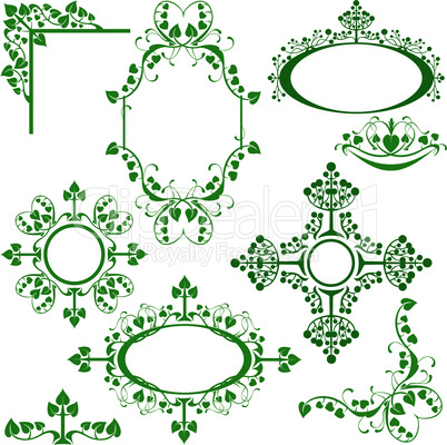 Set of floral elements - corner, oval, circle, vignette - for design.