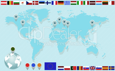 Infographics. World map, flags of EU countries and pointers.