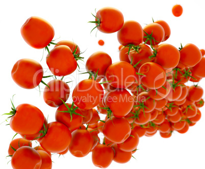 Tasty red tomatoes flow over white