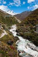 Himalaya landscape: peak, river and highland village