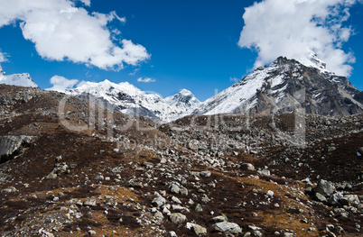 Peaks and moraine near Gokyo in Himalayas