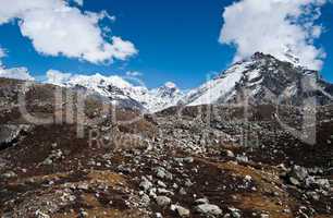 Peaks and moraine near Gokyo in Himalayas