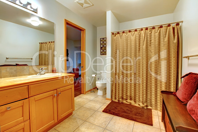Large bathroom interior with bench with red pillows and shower.