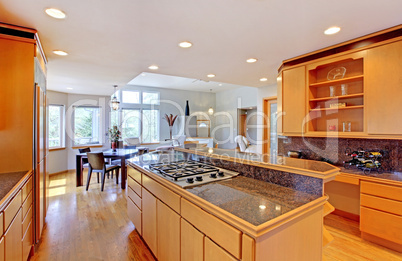 Large luxury modern wood kitchen with granite counter tops.