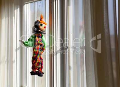 String puppet gazing outside window in sun