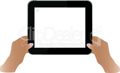 Hands holding touch screen tablet pc with blanc screen