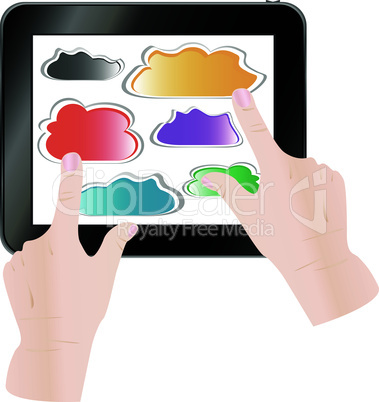 hand pressing a paper cloud on tablet pc computer
