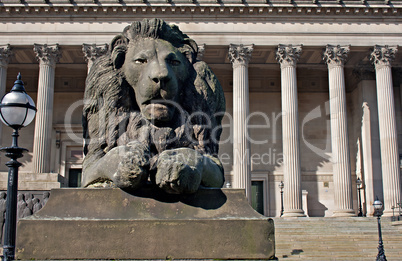Lion statue in front of St Georges Hall, Liverpool, UK