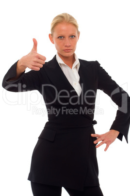 portrait of a young caucasian businesswoman with thumb up and ag