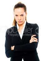 Severe businesswoman with arms crossed on white background studi
