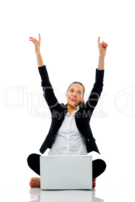 young businesswoman with laptop on the floor on white background
