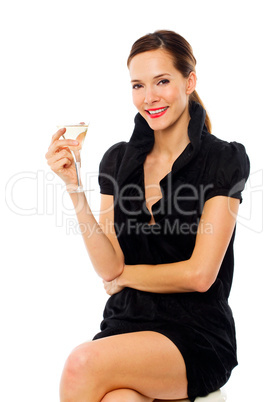 elegant young woman drinking a cocktail on white background stud