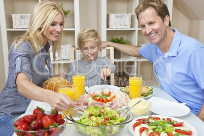 Parents Child Family Healthy Food & Salad At Dining Table