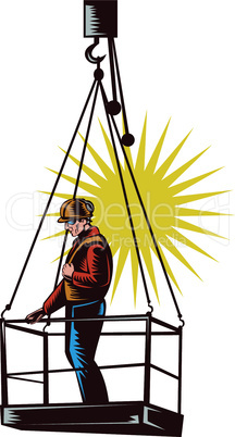 construction worker hoisted retro
