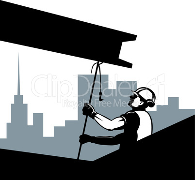 construction worker pulling beam retro