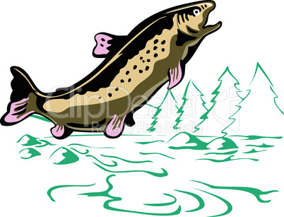 trout leaping side retro