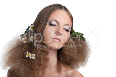 Naked girl hide with cloth - camomile in hairs