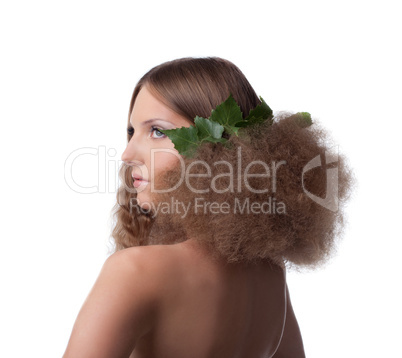 Naked girl hide with cloth - camomile in hairs